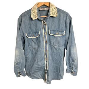 Vintage Just Class Size Medium Crochet Neck Denim Button Up Shirt *Minor Stain